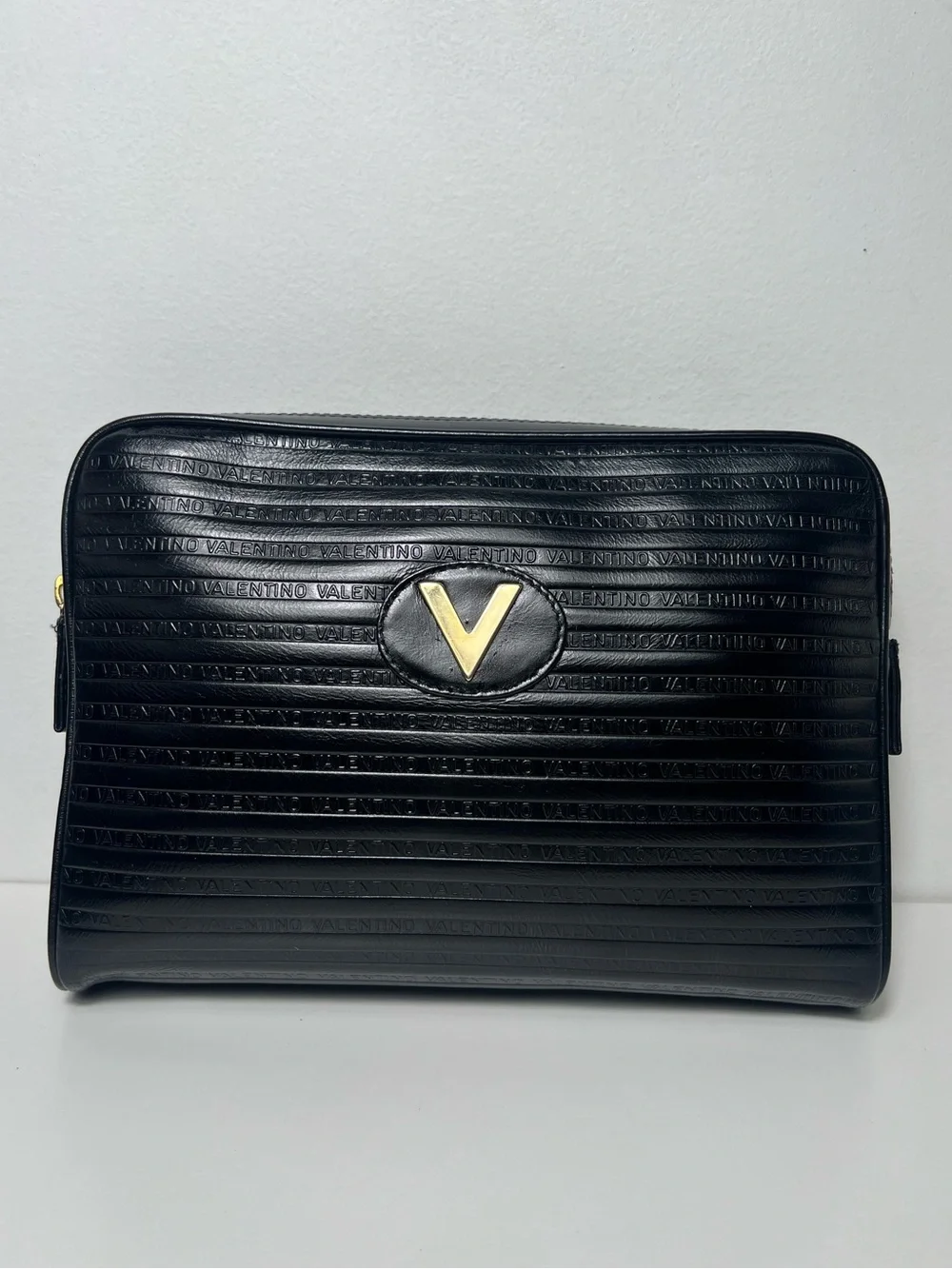 Mario Valentino Logo Vintage Black Leather Clutch Toiletry Travel Pouch Case